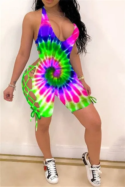 2020 Sexy Women Deep V-neck Jumpsuit Sleeveless Halter Backless Hollow Out Playsuit Rompers Sports Floral Print Lace-up Jumpsuit