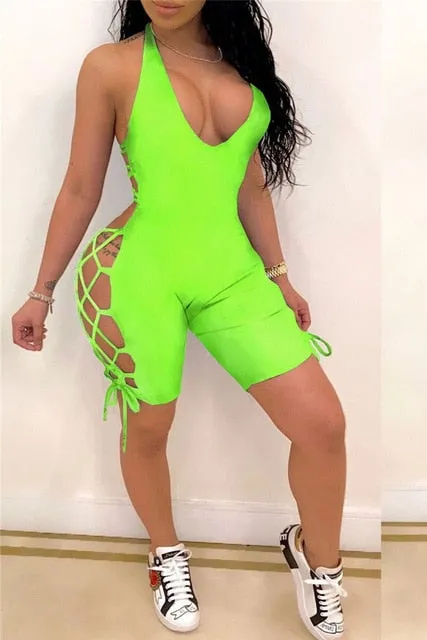 2020 Sexy Women Deep V-neck Jumpsuit Sleeveless Halter Backless Hollow Out Playsuit Rompers Sports Floral Print Lace-up Jumpsuit