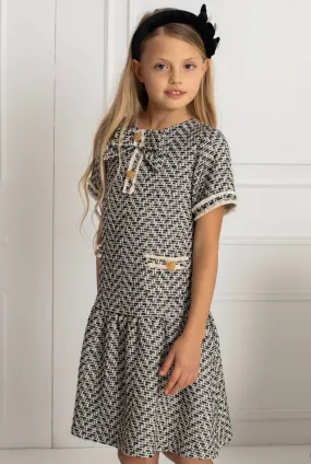 Beautiful girls Black and Ivory Tweed Dress with Bow details
