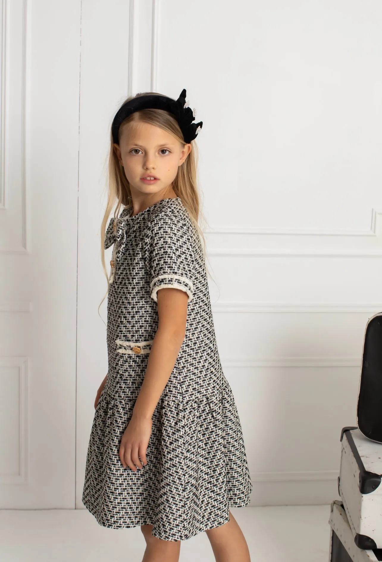 Beautiful girls Black and Ivory Tweed Dress with Bow details