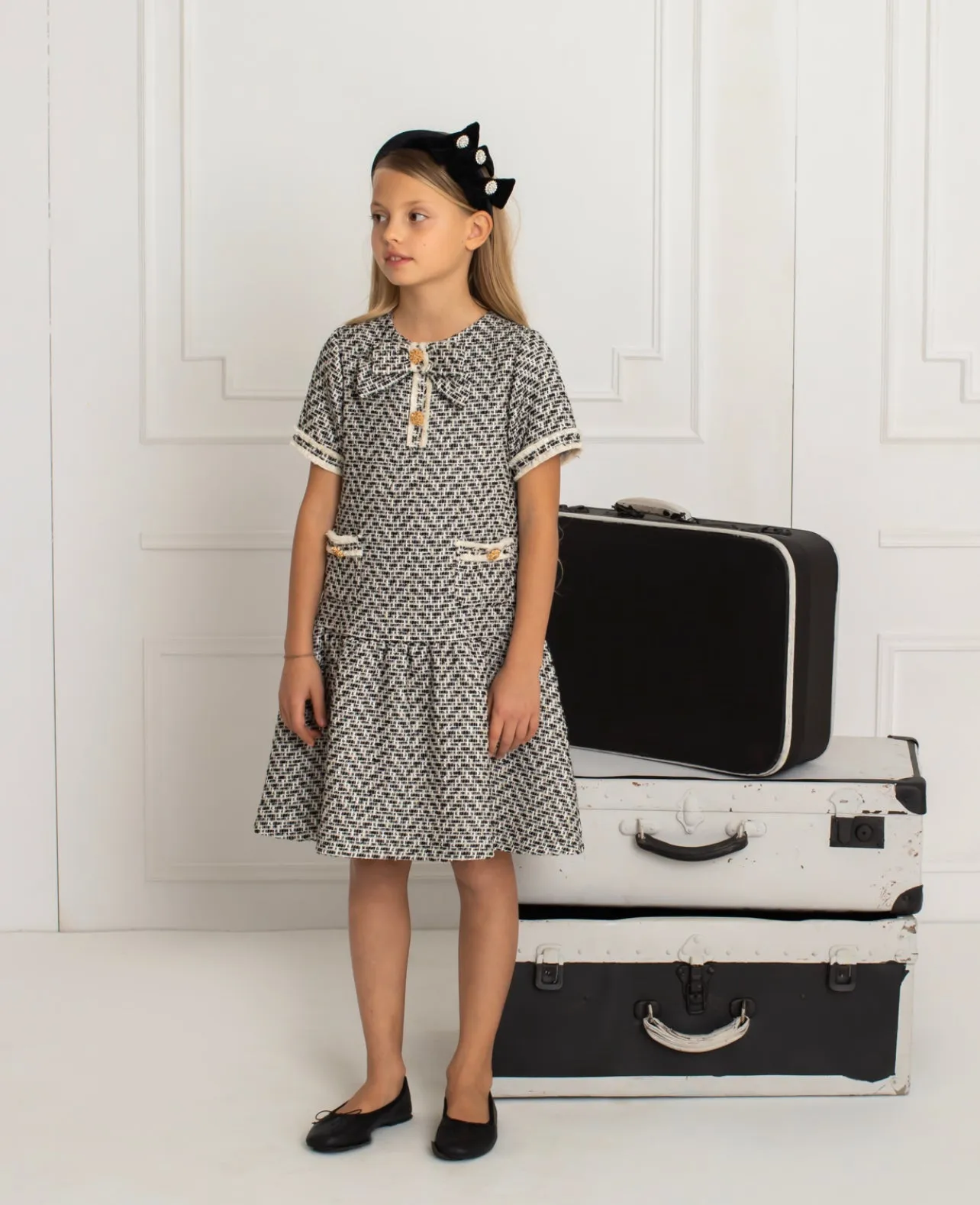 Beautiful girls Black and Ivory Tweed Dress with Bow details