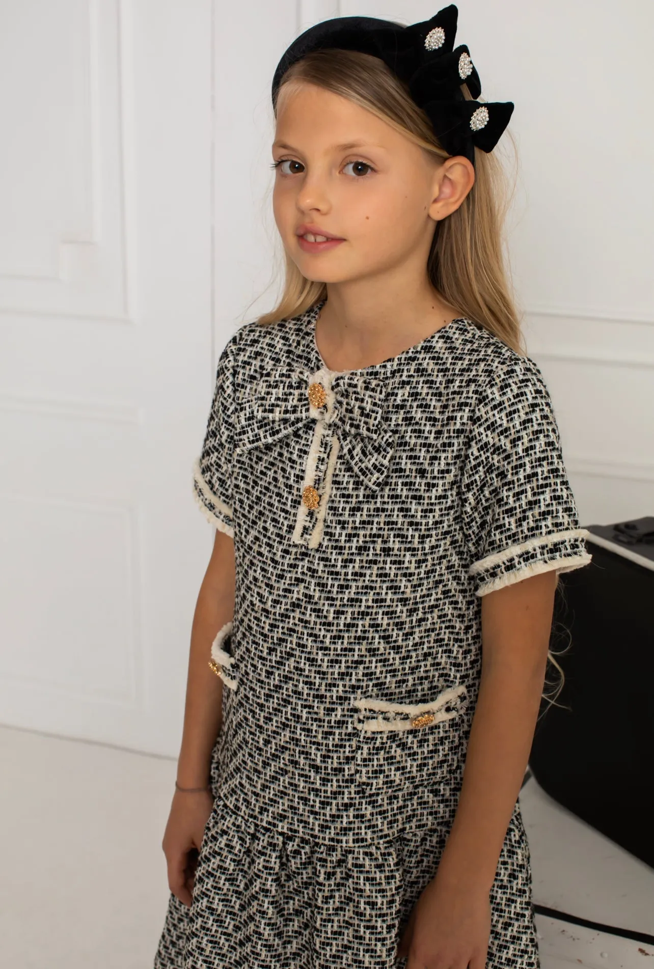 Beautiful girls Black and Ivory Tweed Dress with Bow details