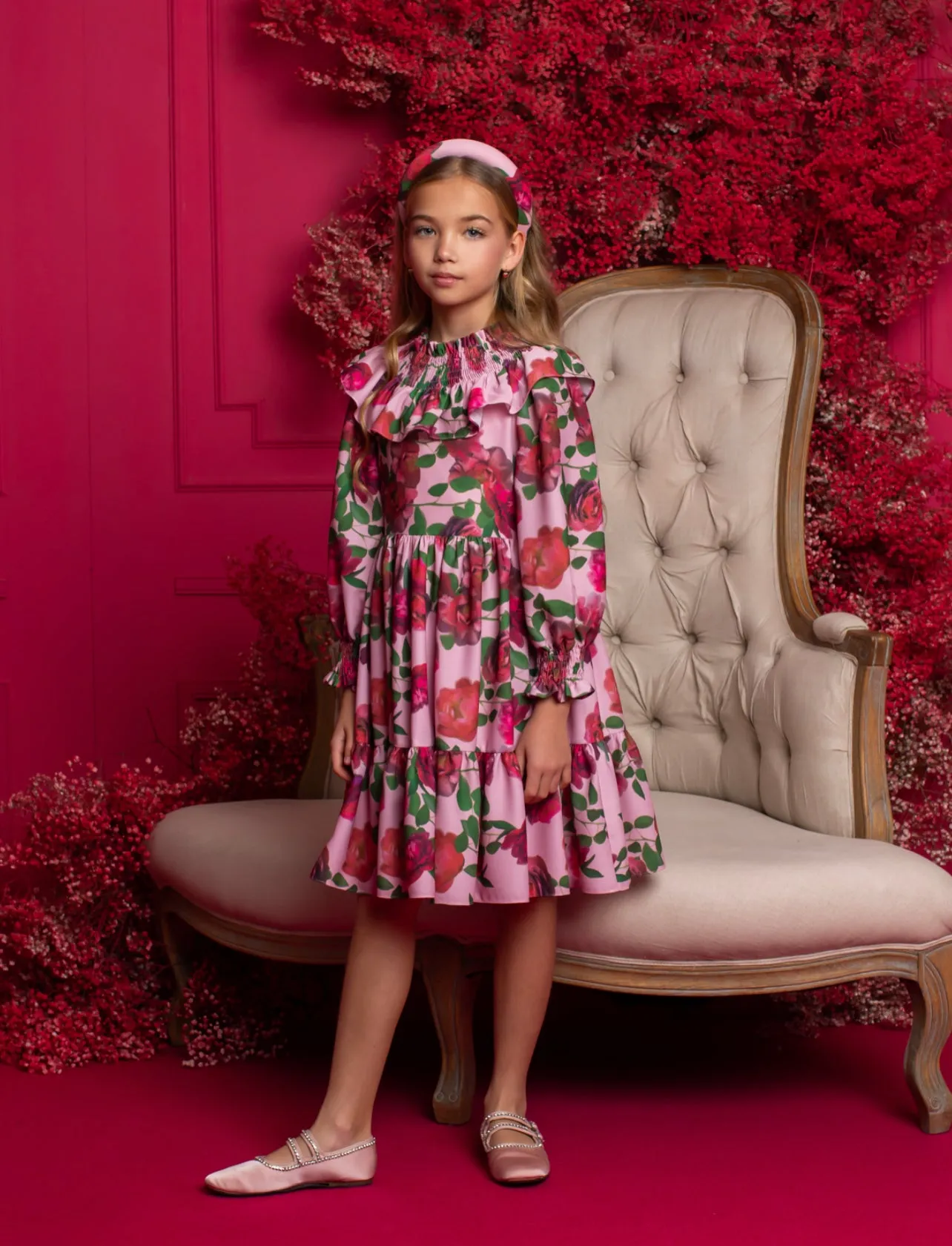 Beautiful Girls Pink Floral Print Crepe Dress with Ruffled Collar details.
