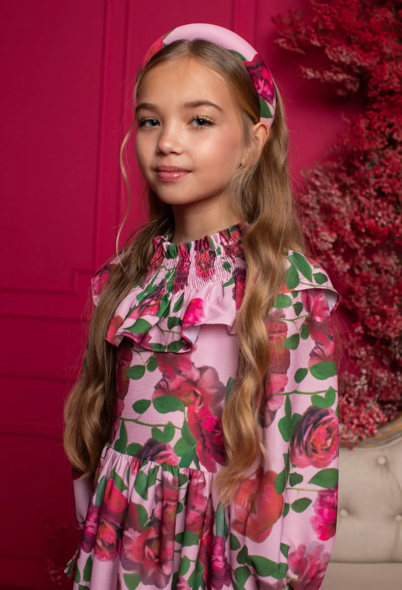 Beautiful Girls Pink Floral Print Crepe Dress with Ruffled Collar details.
