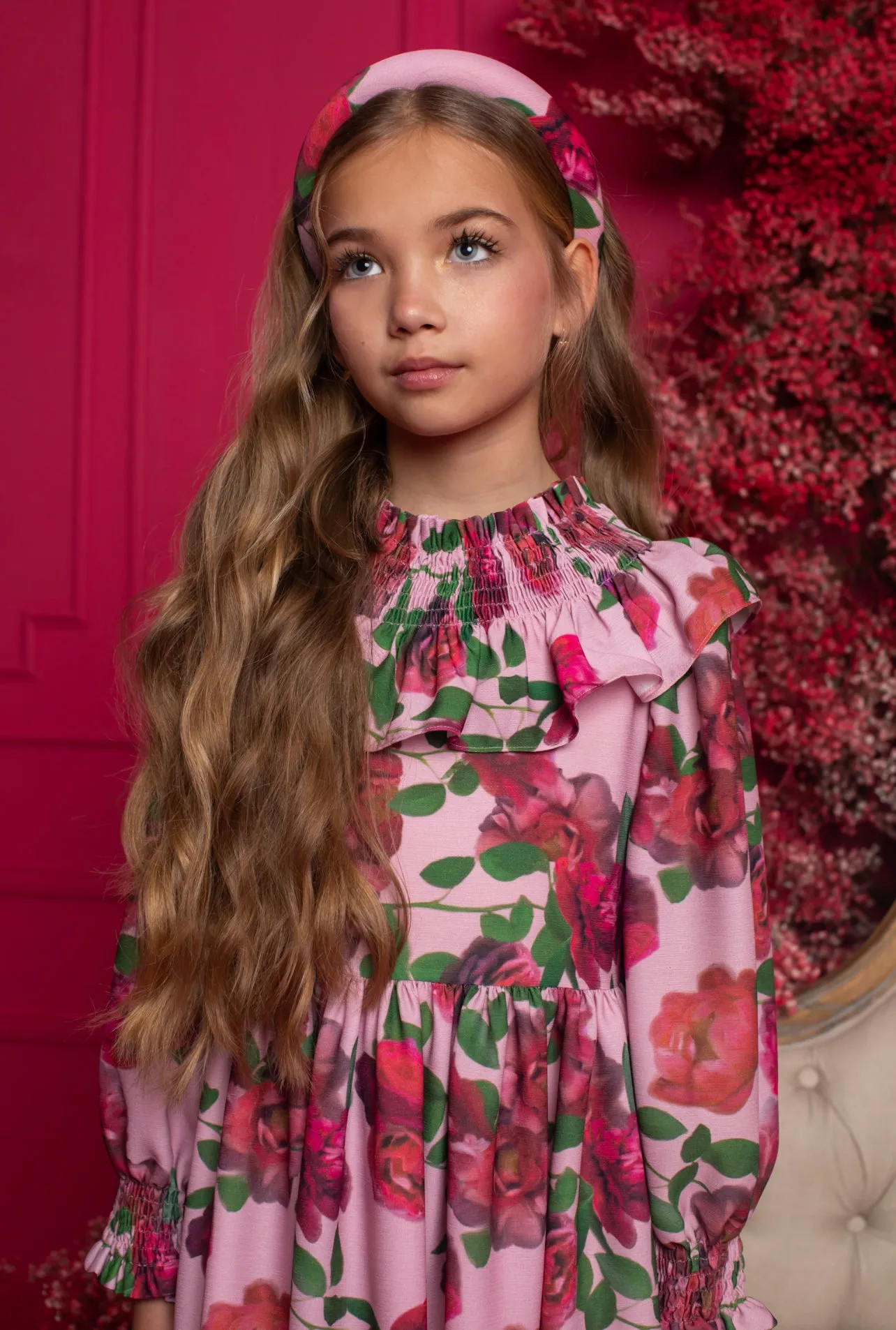 Beautiful Girls Pink Floral Print Crepe Dress with Ruffled Collar details.