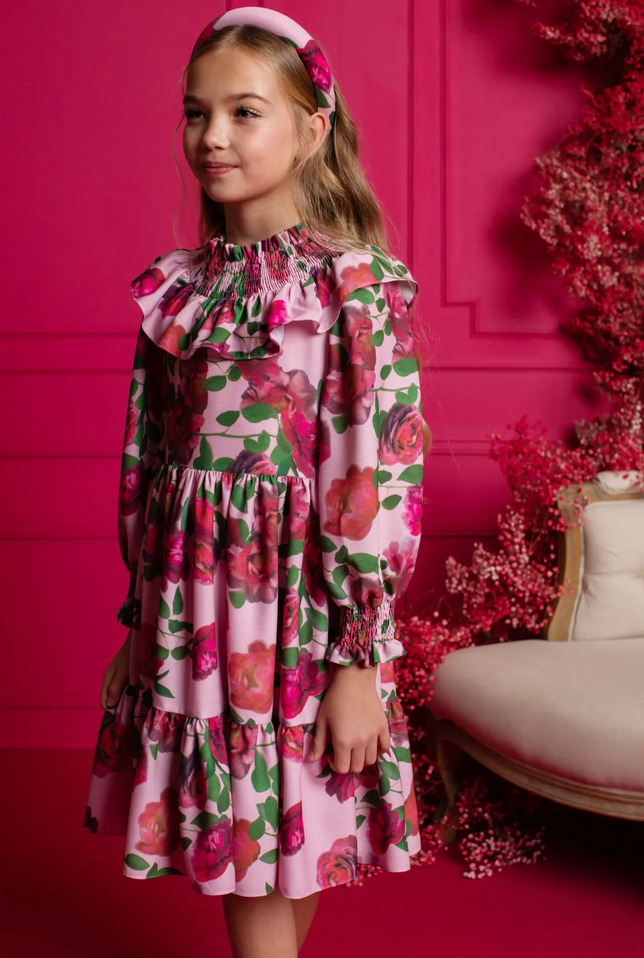 Beautiful Girls Pink Floral Print Crepe Dress with Ruffled Collar details.