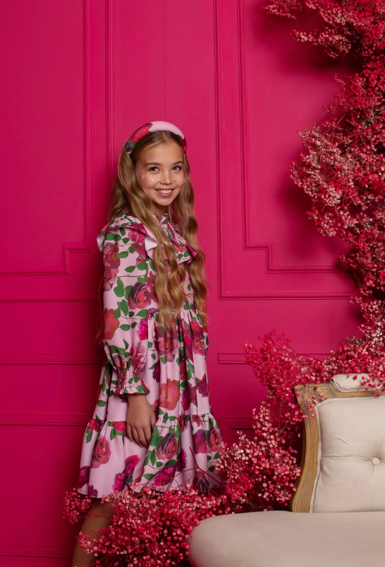 Beautiful Girls Pink Floral Print Crepe Dress with Ruffled Collar details.