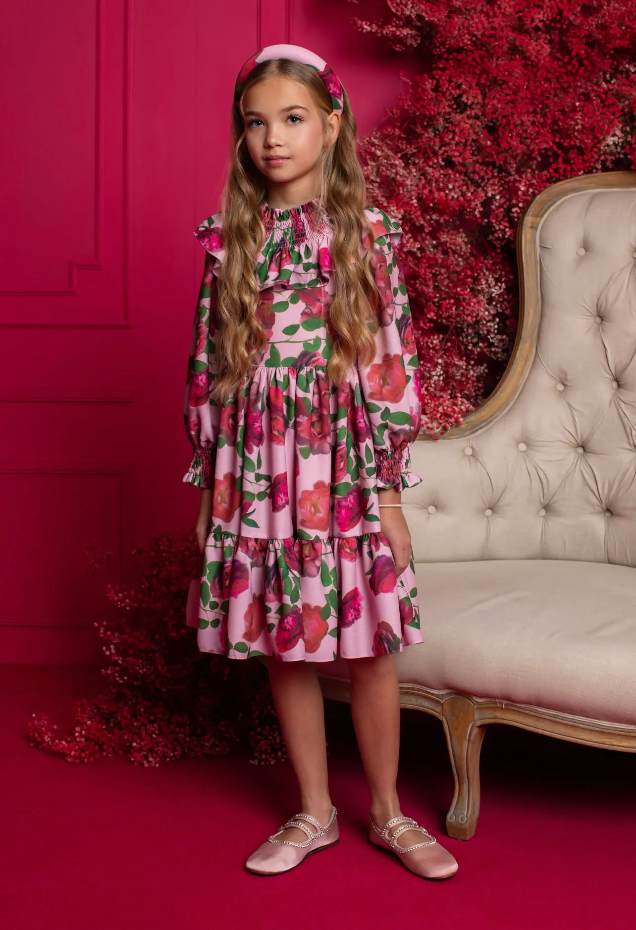 Beautiful Girls Pink Floral Print Crepe Dress with Ruffled Collar details.