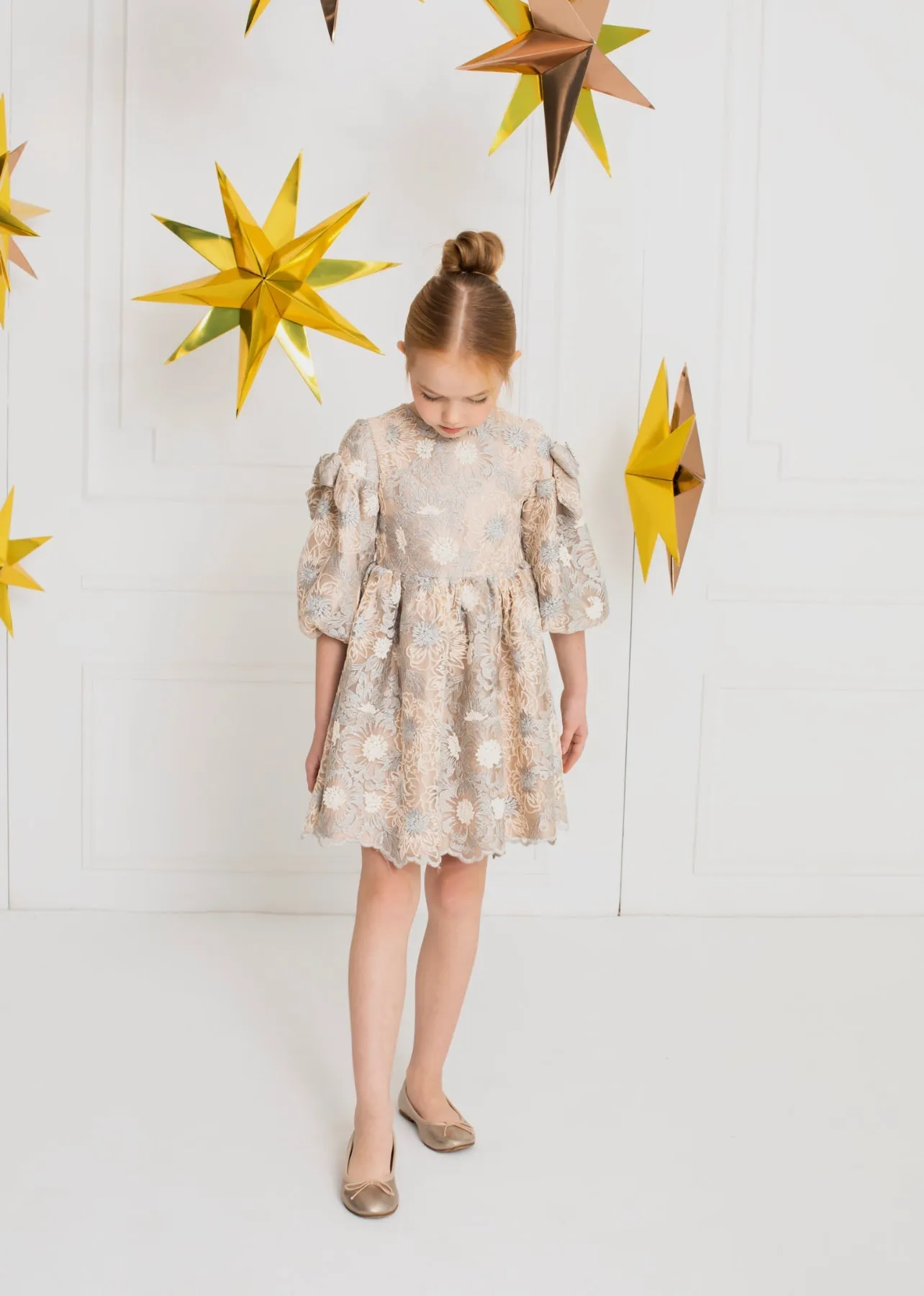 Beautiful Satin dress with delicate embroidered tulle details.