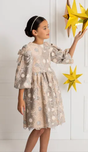 Beautiful Satin dress with delicate embroidered tulle details.