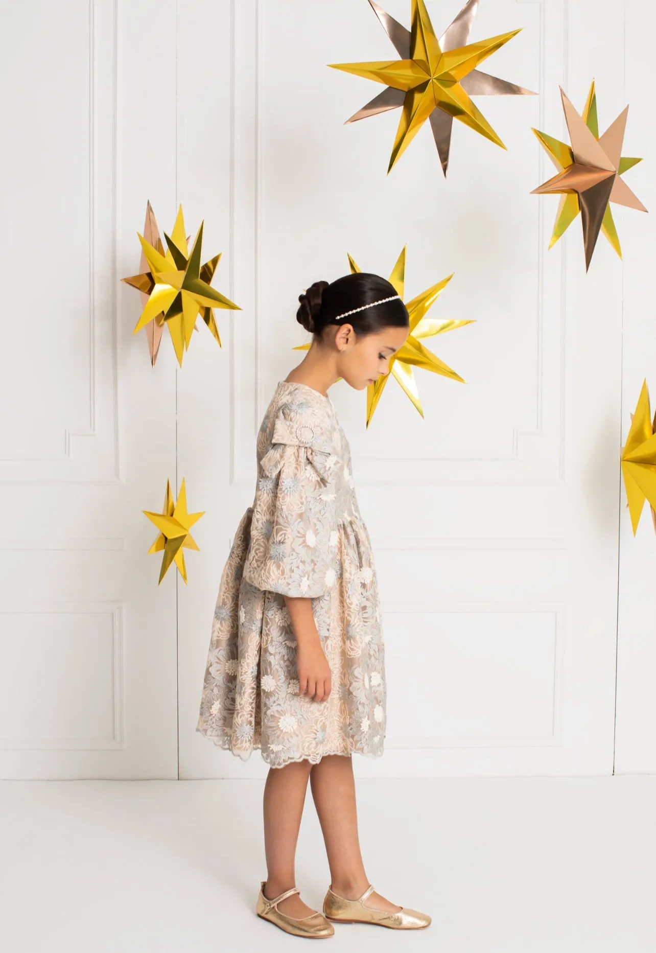 Beautiful Satin dress with delicate embroidered tulle details.