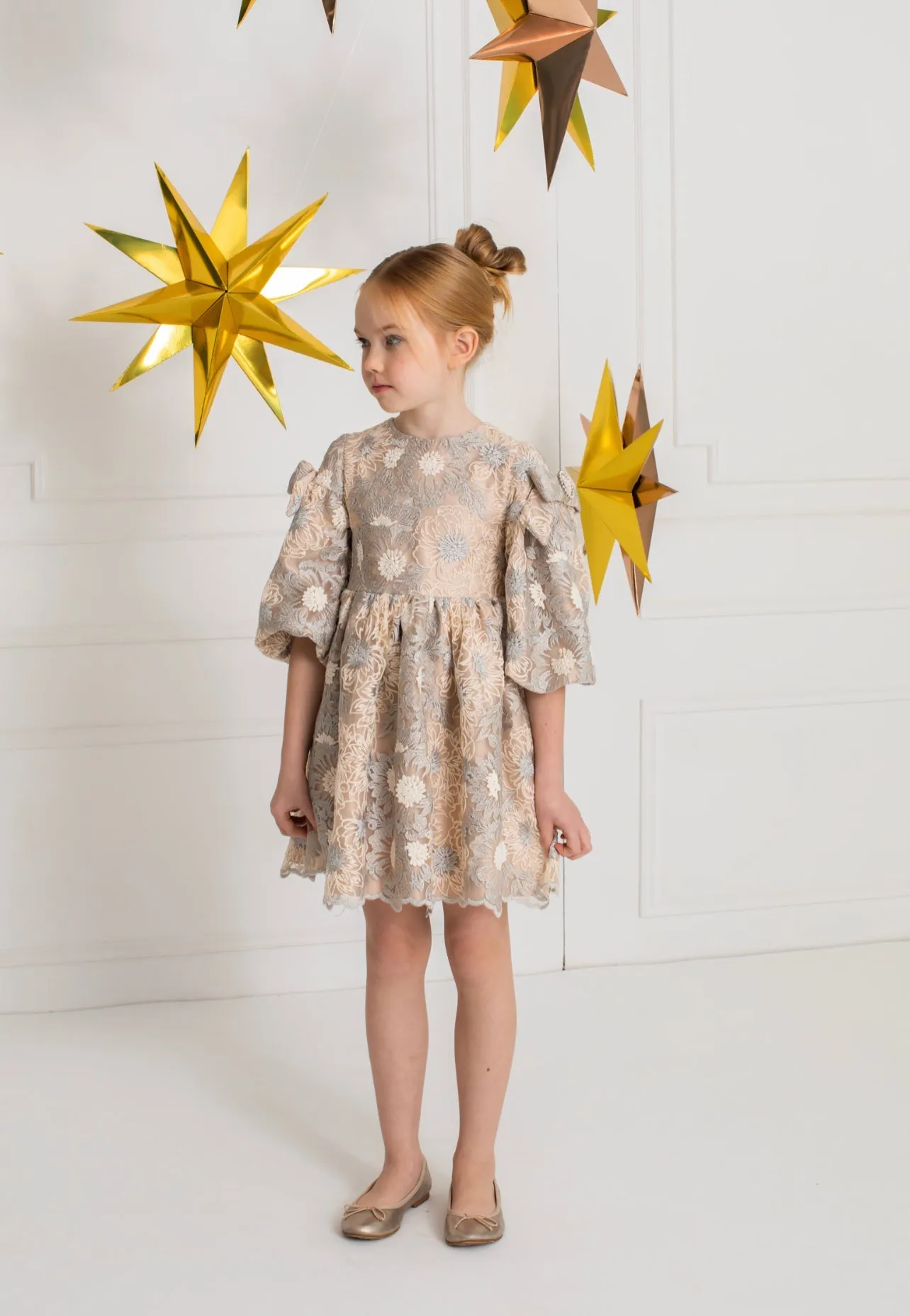 Beautiful Satin dress with delicate embroidered tulle details.