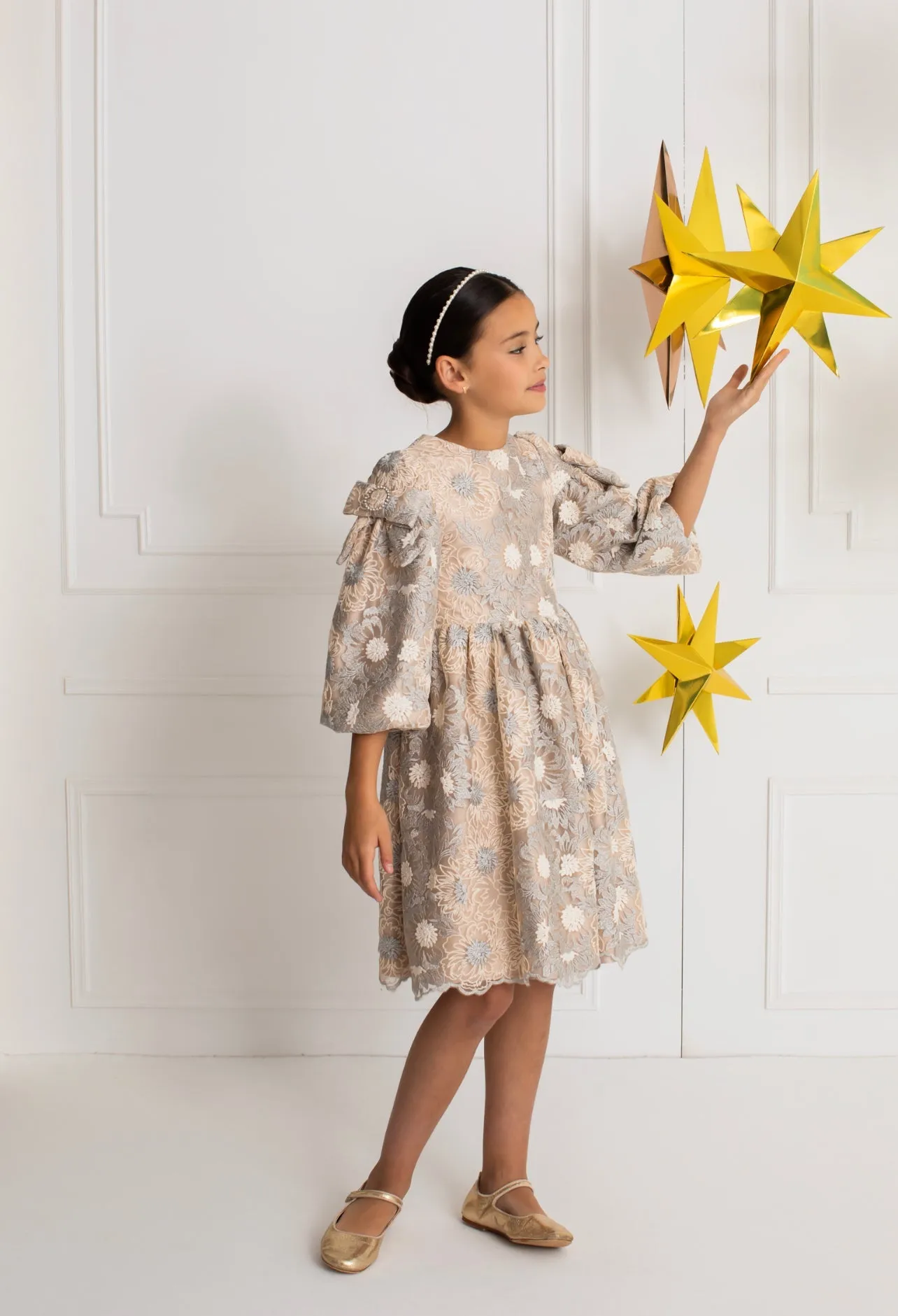 Beautiful Satin dress with delicate embroidered tulle details.