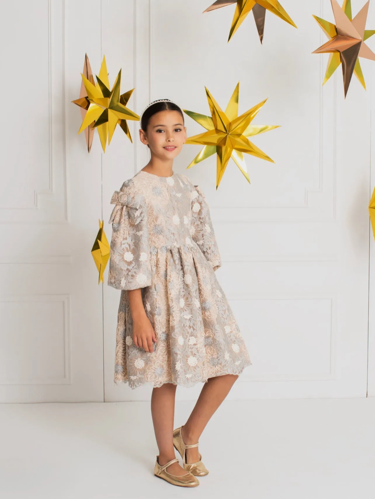 Beautiful Satin dress with delicate embroidered tulle details.