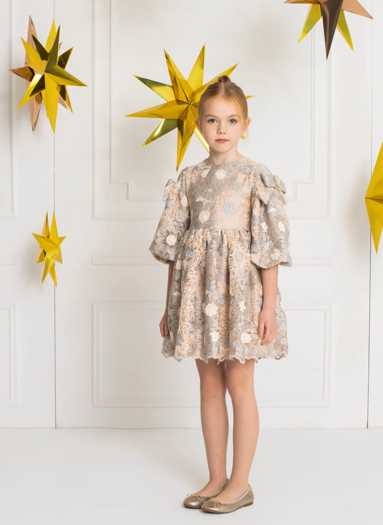 Beautiful Satin dress with delicate embroidered tulle details.