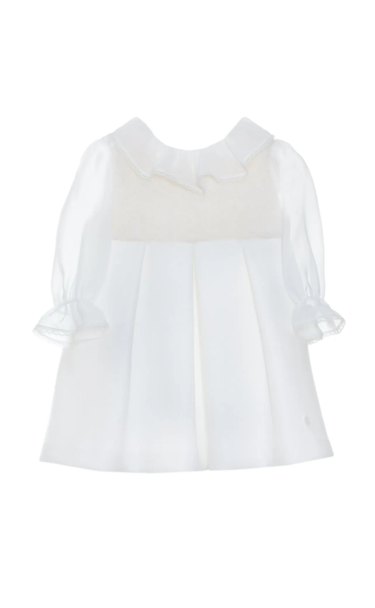 Beautiful White faux fur chiffon dress with ruffle neck details.