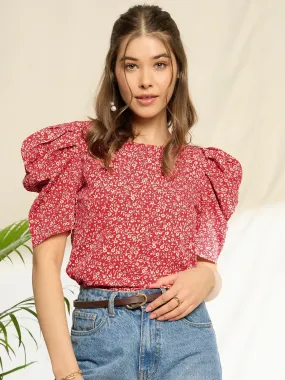 Berrylush Women Red & White Floral Printed Round Neck Puff Sleeves Back Button-Up Keyhole Regular Top