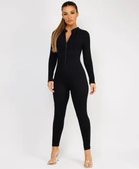 Black Front Zip Ribbed Structured Contour Jumpsuit