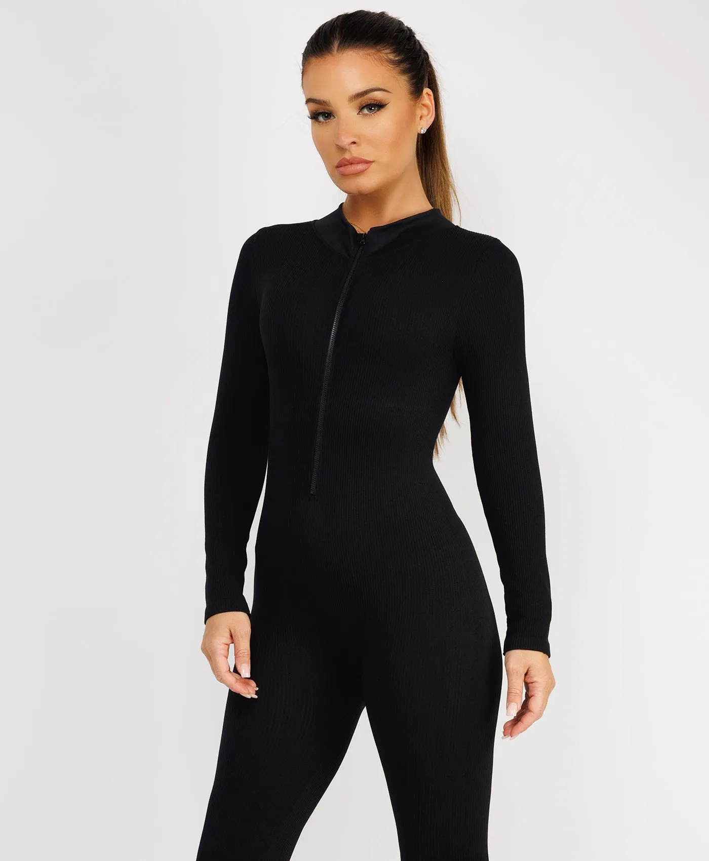 Black Front Zip Ribbed Structured Contour Jumpsuit