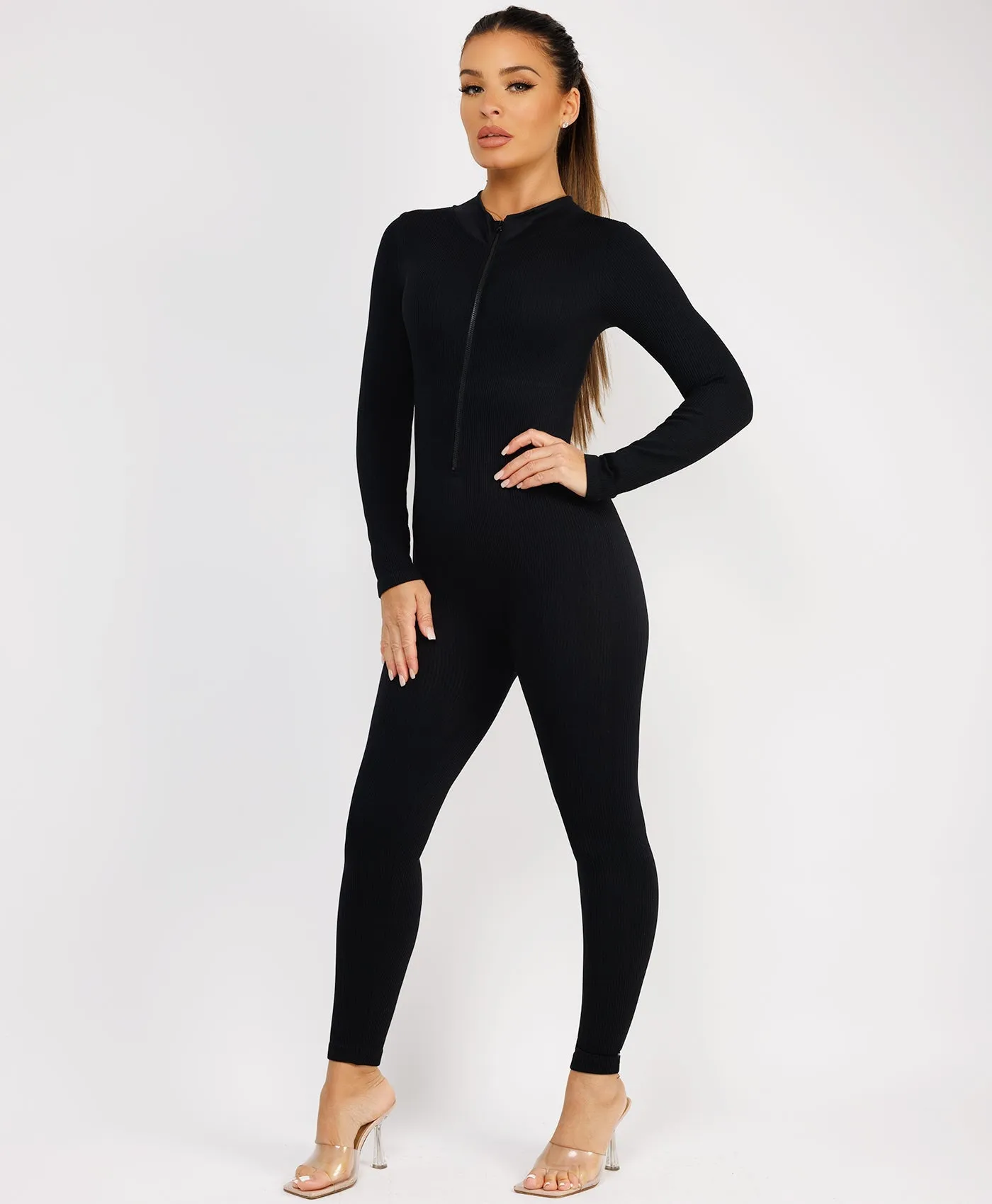 Black Front Zip Ribbed Structured Contour Jumpsuit