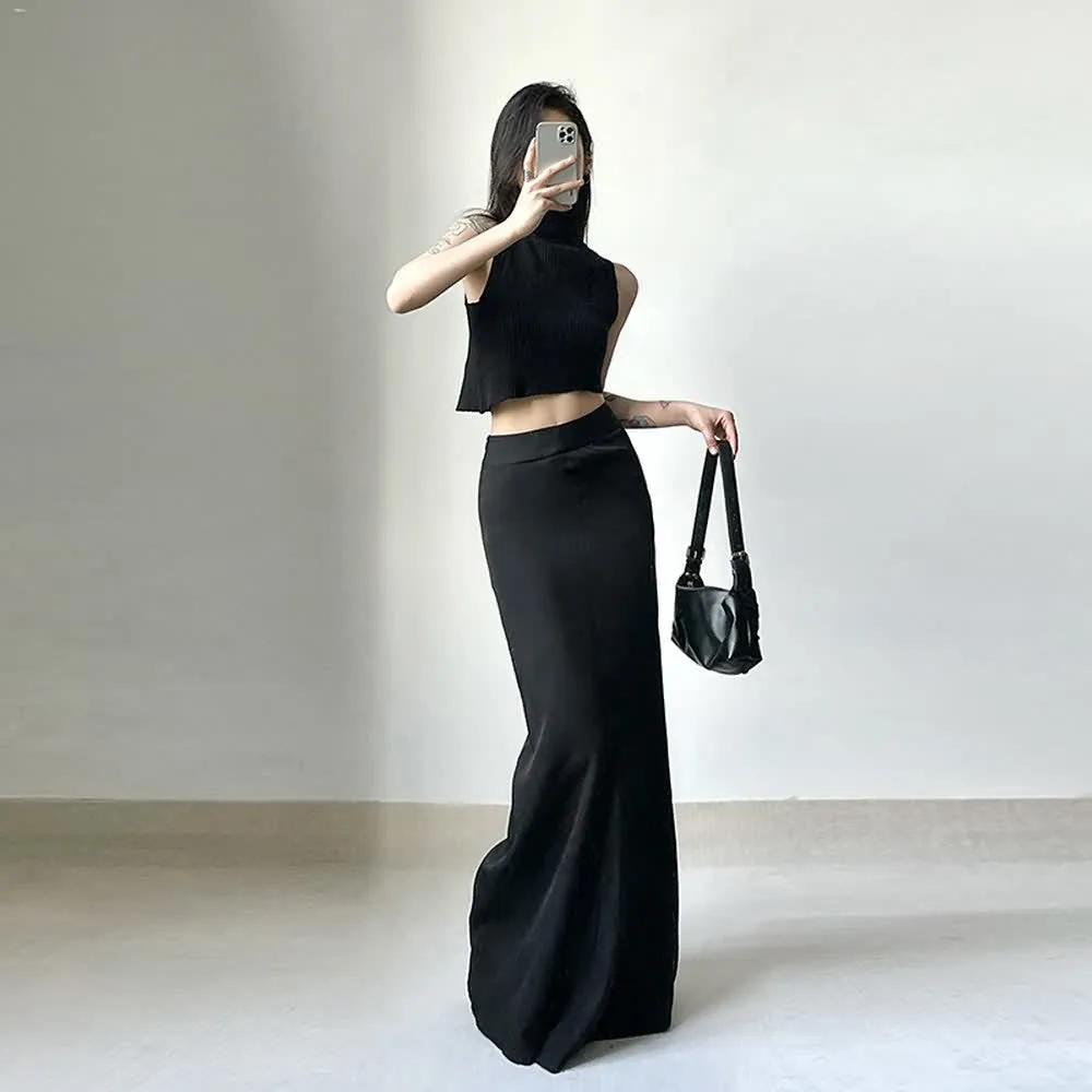 Black Minimalist High Waist Long Skirt