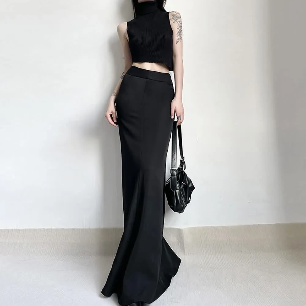 Black Minimalist High Waist Long Skirt