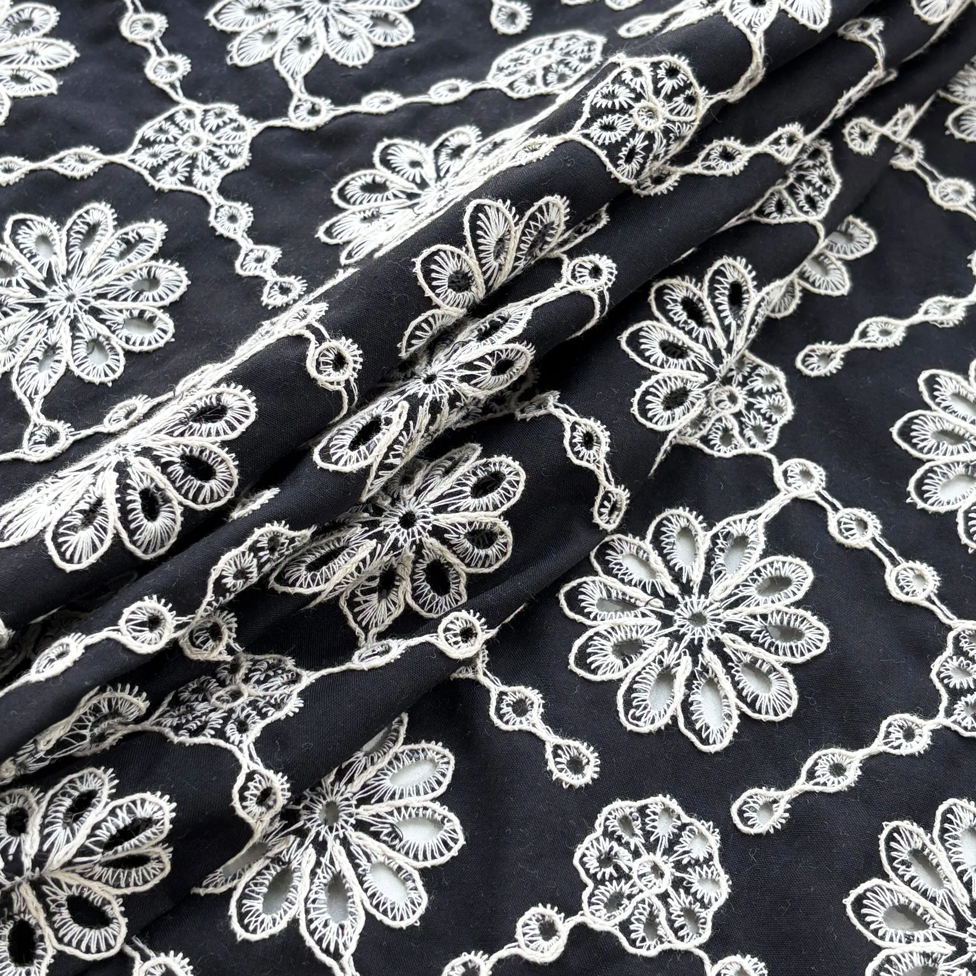 Black Schiffli Embroidery Cotton Fabric DVT-23816