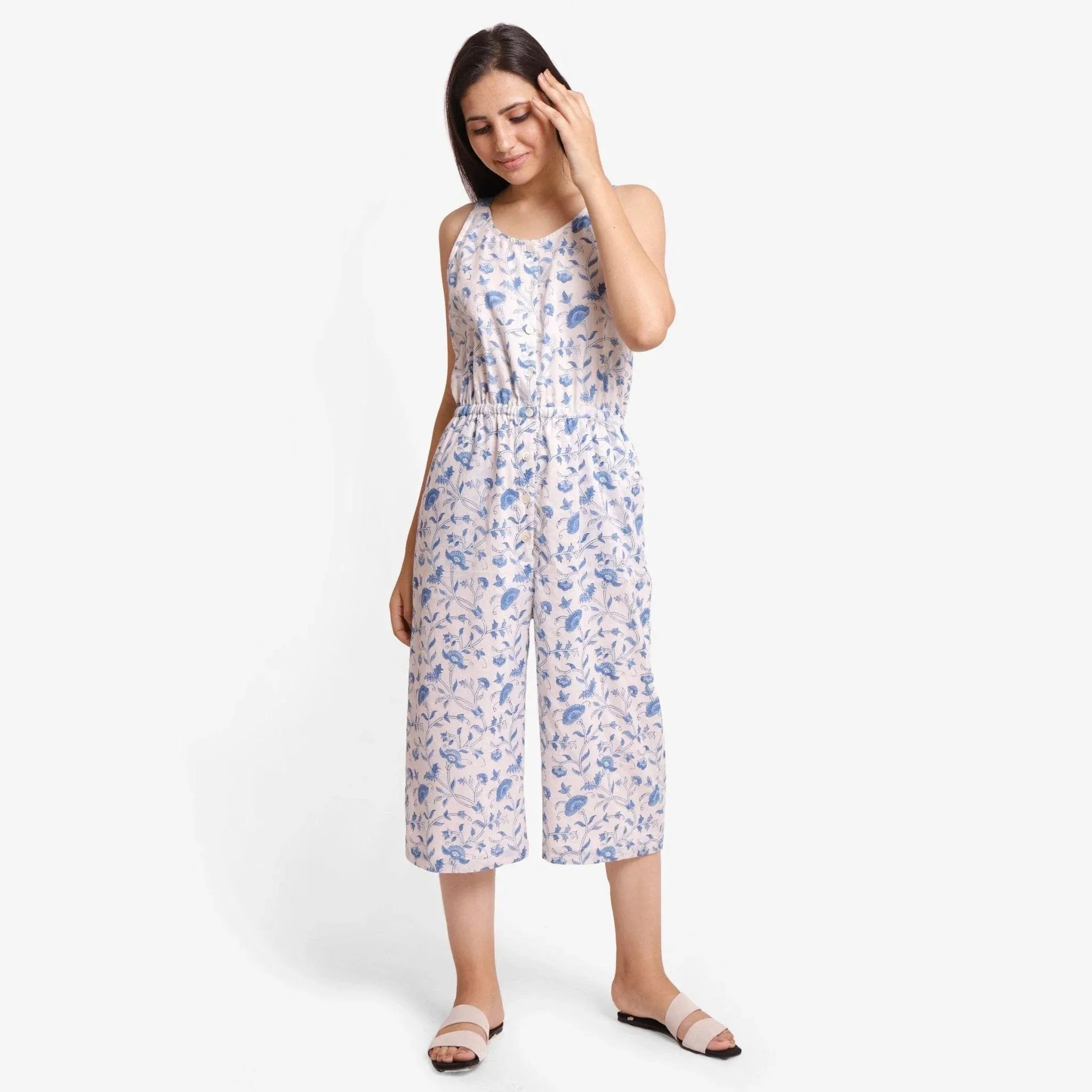 Blue Floral Block Print Cotton Camisole Midi Jumpsuit