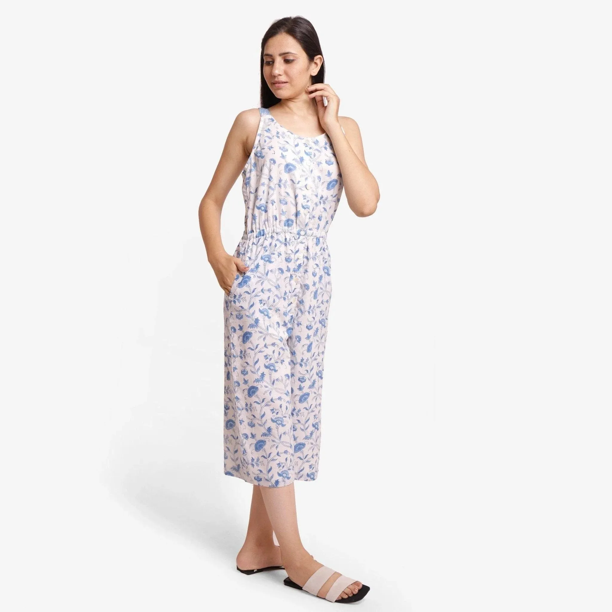 Blue Floral Block Print Cotton Camisole Midi Jumpsuit