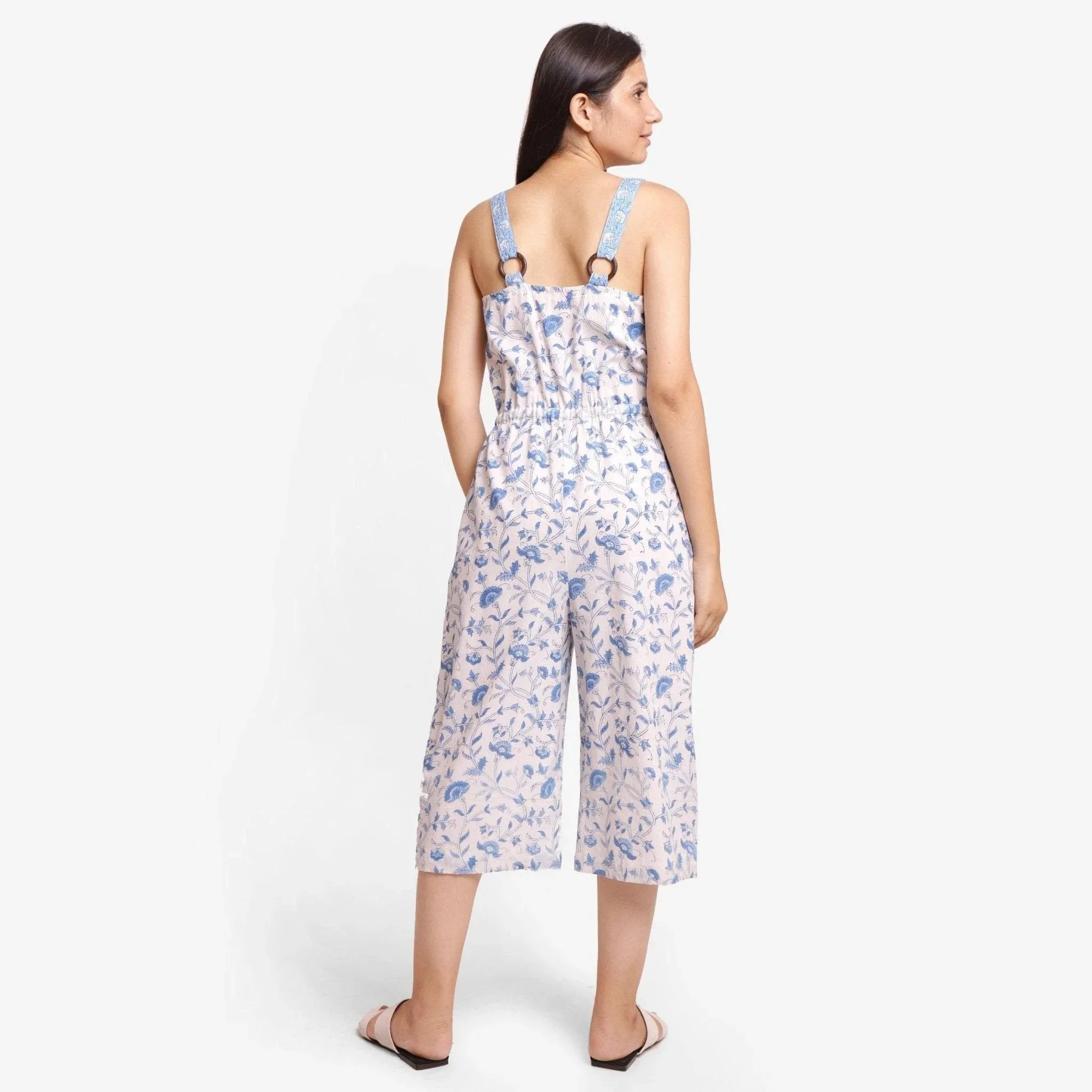 Blue Floral Block Print Cotton Camisole Midi Jumpsuit