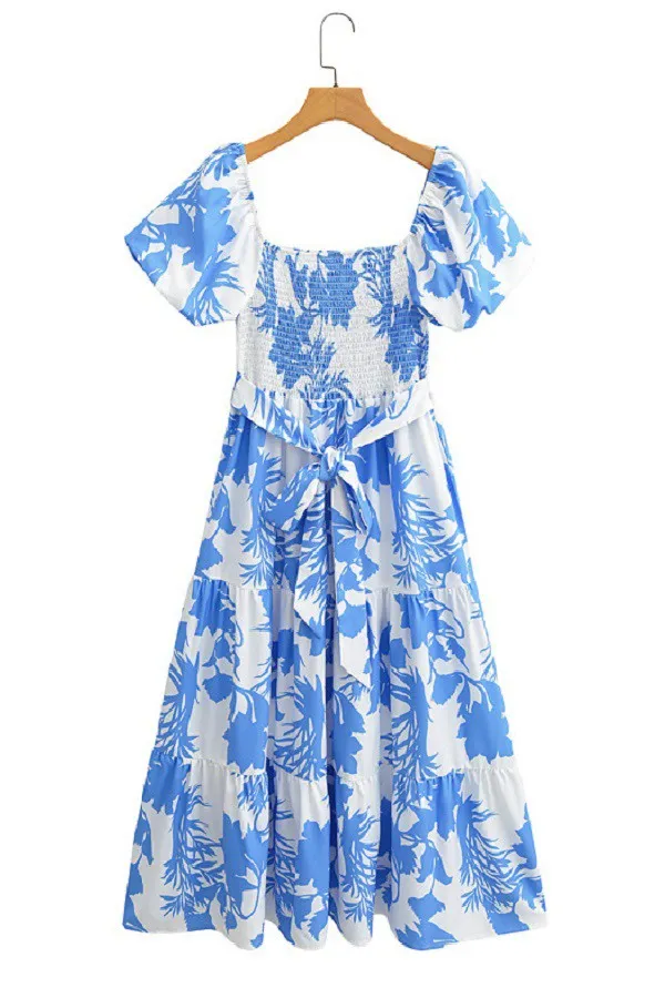 Blue/White Floral Smocked Bubble Midi Dress