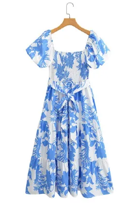 Blue/White Floral Smocked Bubble Midi Dress