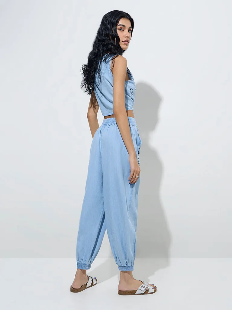 Bombay Paisley Blue Embroidered Harem-Style Cotton Joggers