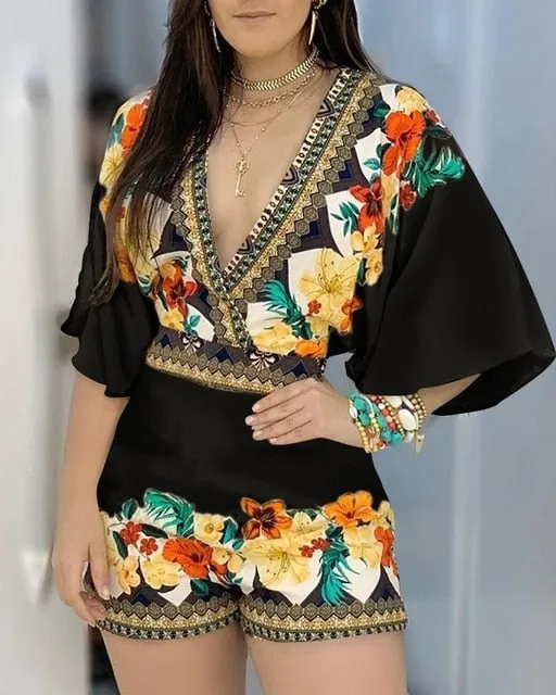 Deep V Neck Floral Half Sleeve Romper Women Playsuits Summer Casual One Piece Overalls