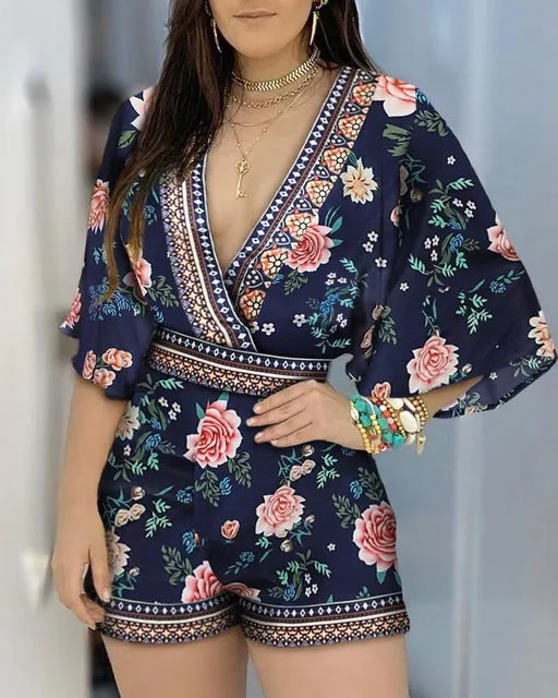 Deep V Neck Floral Half Sleeve Romper Women Playsuits Summer Casual One Piece Overalls