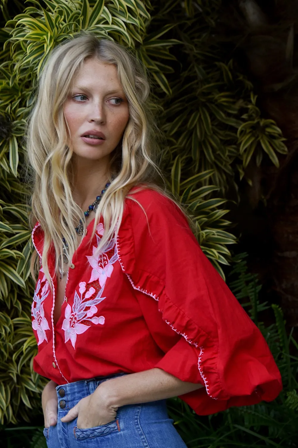 Delta Mama Blues Embroidered Blouse - Ruby