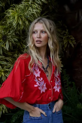 Delta Mama Blues Embroidered Blouse - Ruby