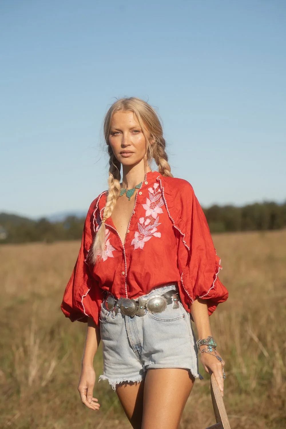 Delta Mama Blues Embroidered Blouse - Ruby