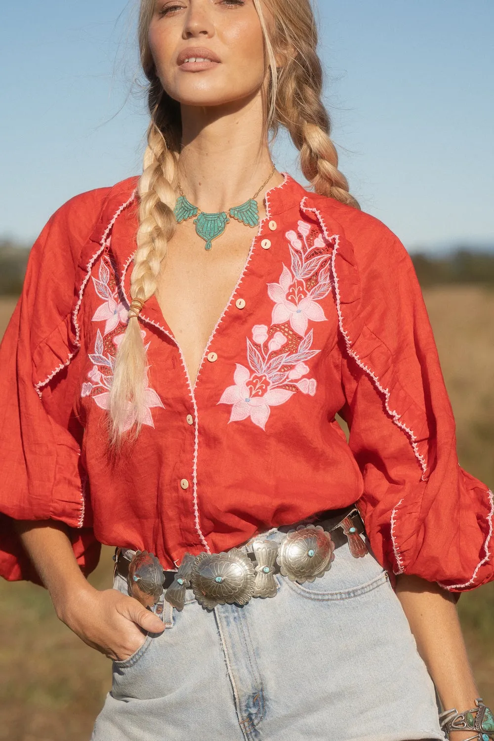Delta Mama Blues Embroidered Blouse - Ruby