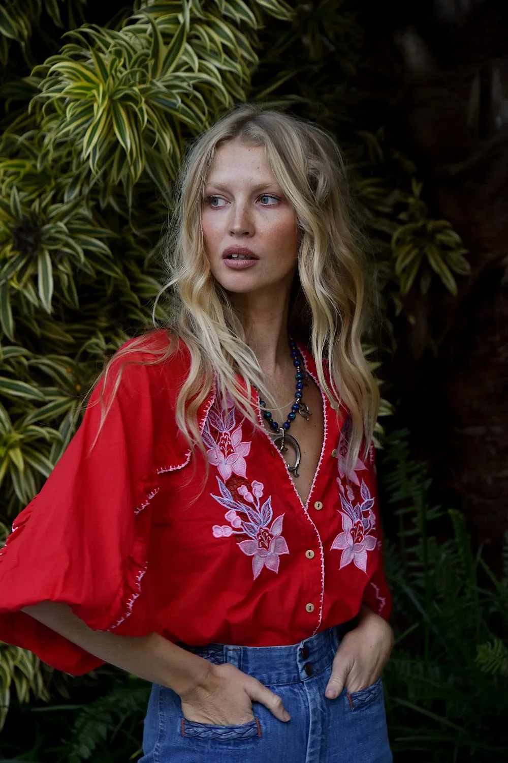 Delta Mama Blues Embroidered Blouse - Ruby