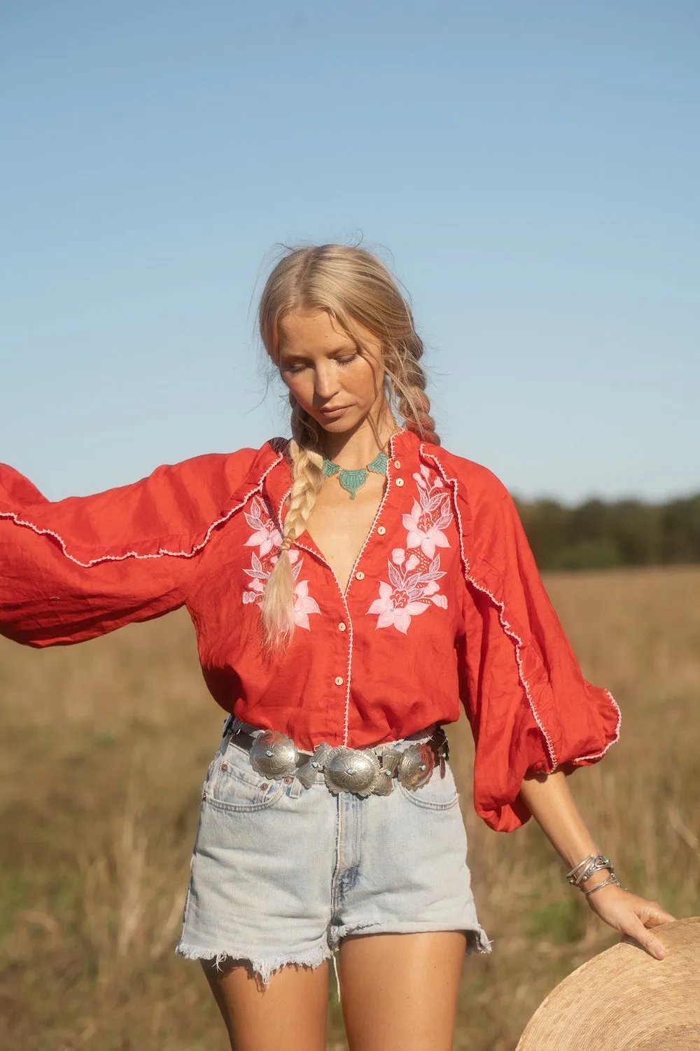 Delta Mama Blues Embroidered Blouse - Ruby
