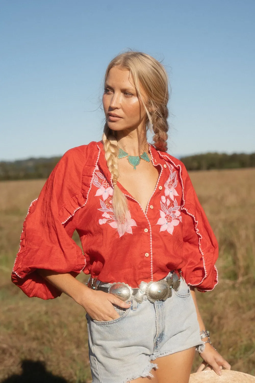 Delta Mama Blues Embroidered Blouse - Ruby