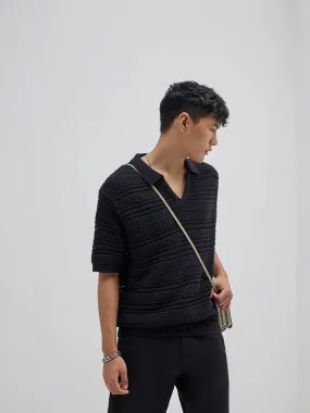 ETA Black Knit-Textured Relaxed-Fit Cotton-Blend Polo T-Shirt