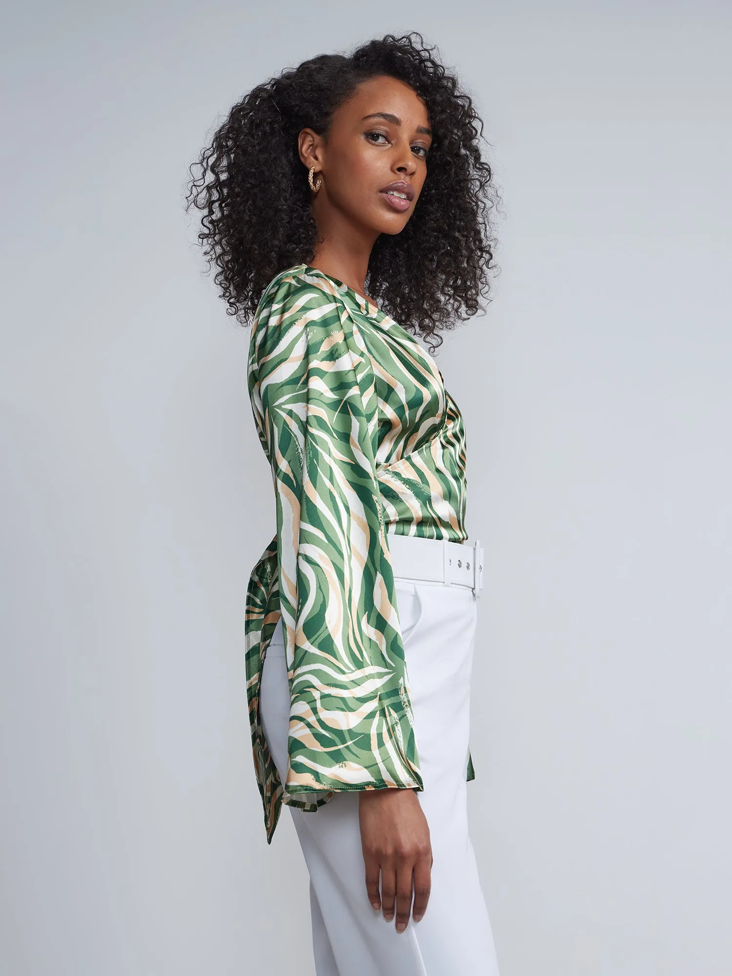 Faux Wrap Printed Tie-Waist Angel Sleeves Top