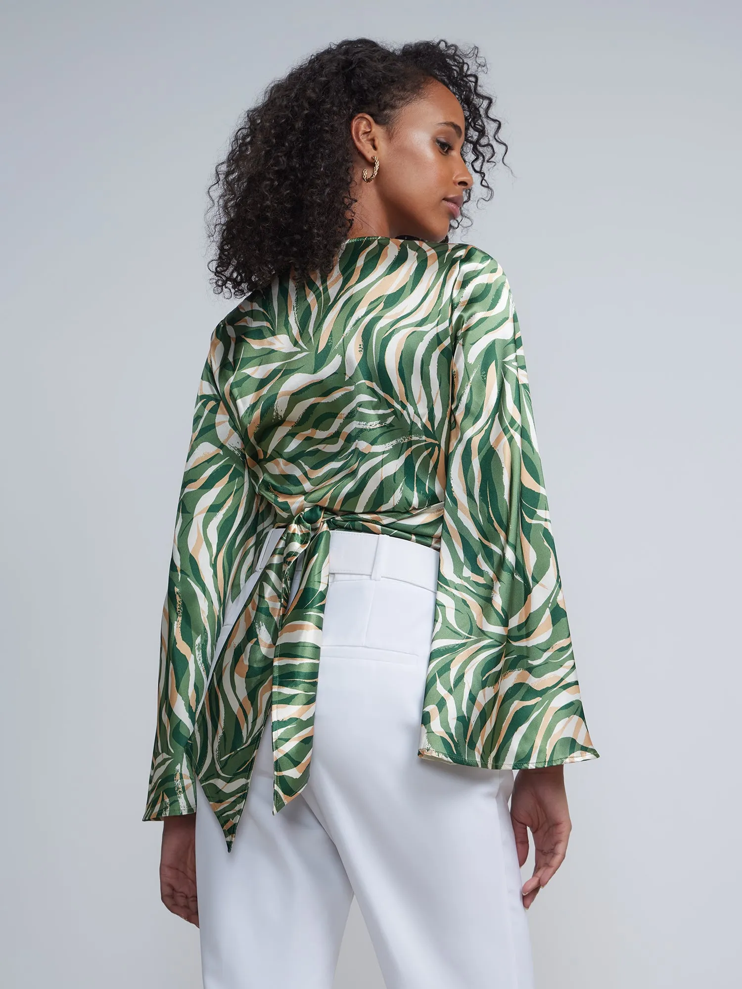 Faux Wrap Printed Tie-Waist Angel Sleeves Top