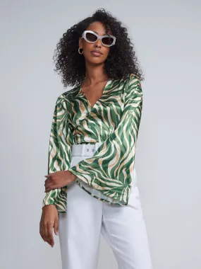 Faux Wrap Printed Tie-Waist Angel Sleeves Top