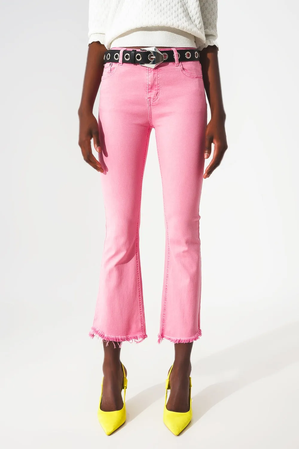 Flare jeans with raw hem edge in bubblegum pink