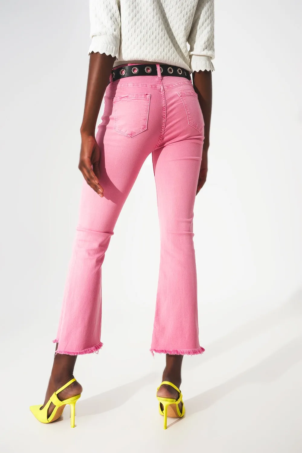 Flare jeans with raw hem edge in bubblegum pink