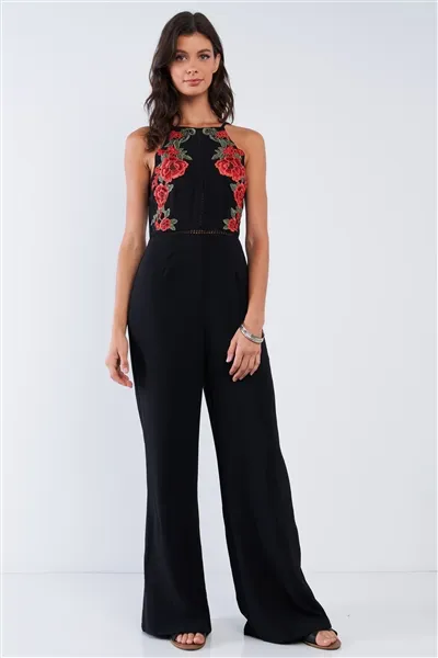 Floral Embroidered Sleeveless Wide Leg Jumpsuit