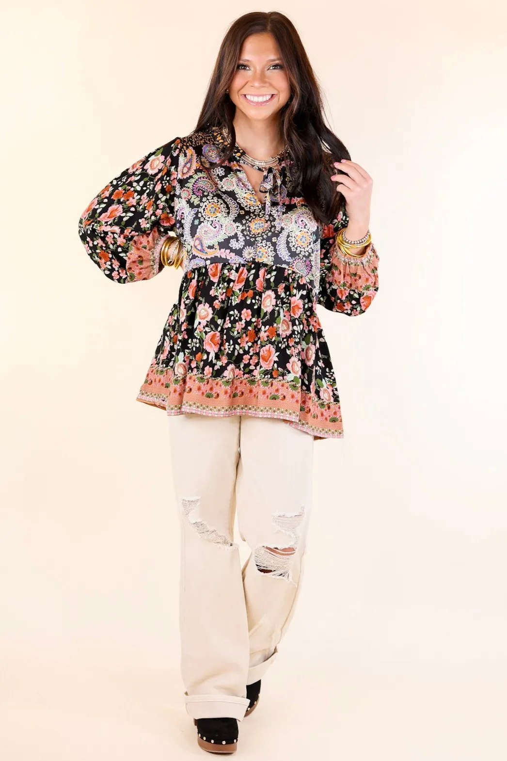 Floral Fusion Long Sleeve Floral Print Top in Black